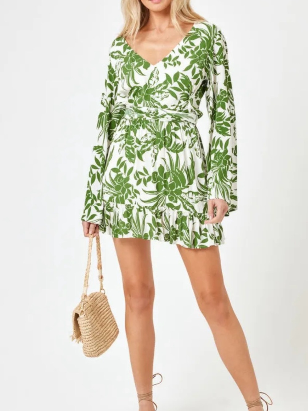 l*space White Mini Dress with Green Tropical Print